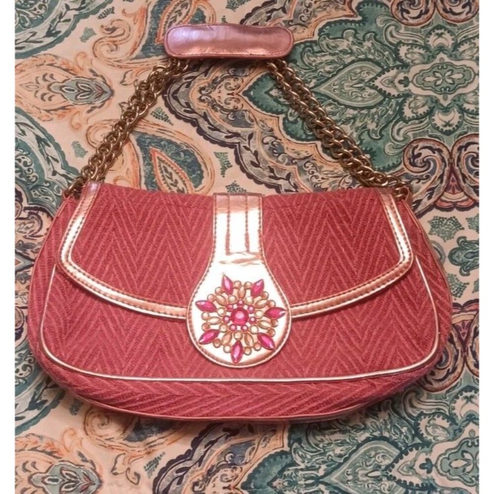 Vintage Xhilaration Y2K Tweed Metallic Chain Strap Purse Rhinestone Broach